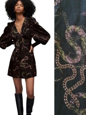 All Saints Auden Tempest Snake Serpent Smocked Mini Dress Button Front Size 6